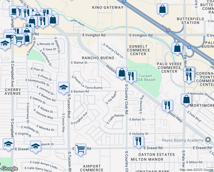 map of restaurants, bars, coffee shops, grocery stores, and more near 5248 South Camino Laguna Seca in Tucson
