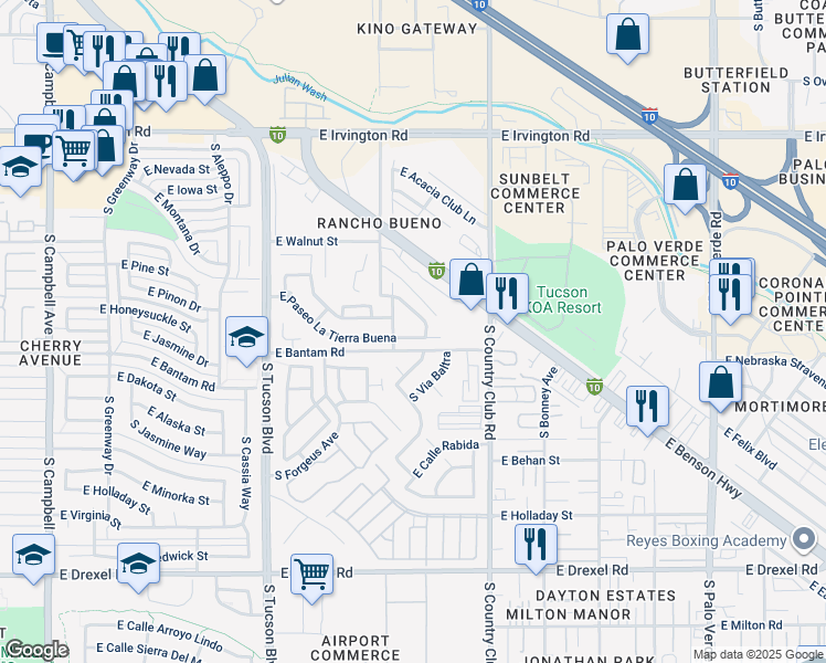 map of restaurants, bars, coffee shops, grocery stores, and more near 5248 South Camino Laguna Seca in Tucson