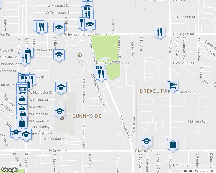 map of restaurants, bars, coffee shops, grocery stores, and more near 201 East Olive Street in Tucson