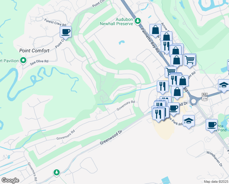 map of restaurants, bars, coffee shops, grocery stores, and more near 24 Isle of Pines Drive in Hilton Head Island