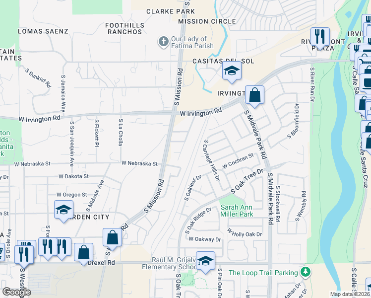 map of restaurants, bars, coffee shops, grocery stores, and more near 5217 South Fox Trot Drive in Tucson