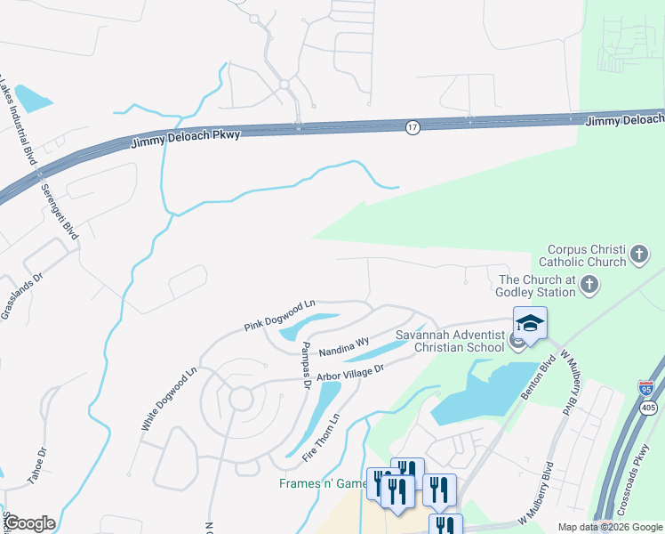 map of restaurants, bars, coffee shops, grocery stores, and more near 306 Godley Station Boulevard in Pooler