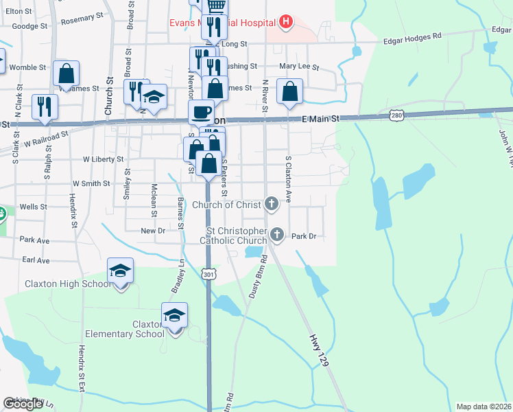 map of restaurants, bars, coffee shops, grocery stores, and more near 200 Anderson Avenue in Claxton