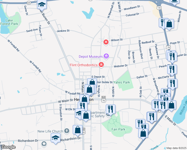 map of restaurants, bars, coffee shops, grocery stores, and more near 401 North High Street in Henderson