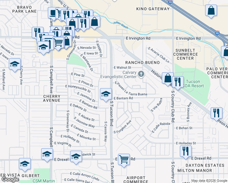 map of restaurants, bars, coffee shops, grocery stores, and more near 2582 East Paseo La Tierra Buena in Tucson