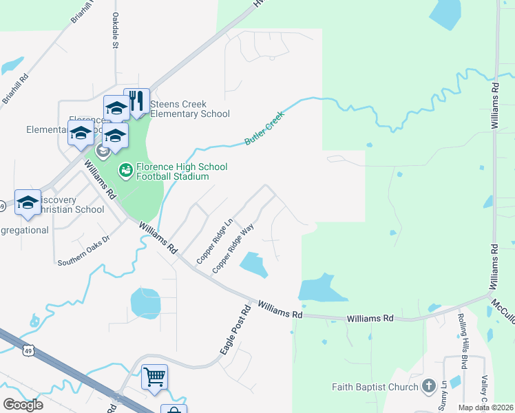 map of restaurants, bars, coffee shops, grocery stores, and more near 235 Copper Ridge Way in Florence