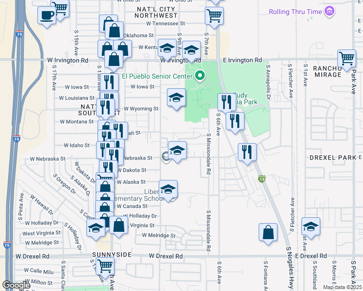 map of restaurants, bars, coffee shops, grocery stores, and more near 5239 South 9th Avenue in Tucson