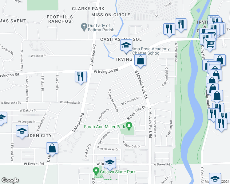 map of restaurants, bars, coffee shops, grocery stores, and more near 1771 West Tennyson Drive in Tucson