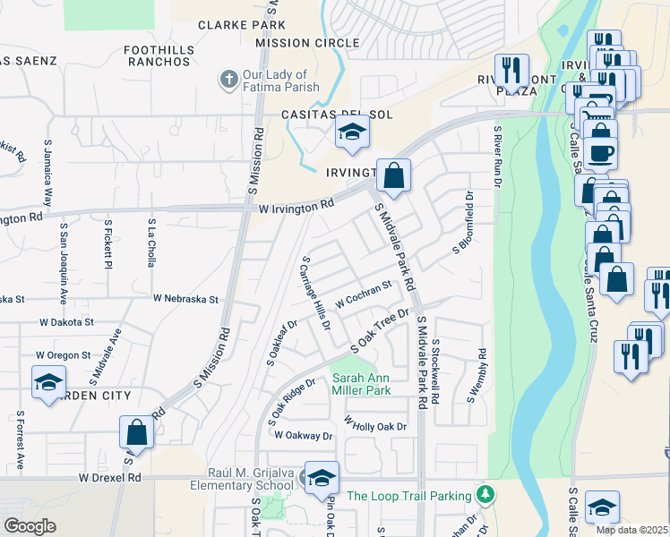 map of restaurants, bars, coffee shops, grocery stores, and more near 1732 West Newhall Drive in Tucson