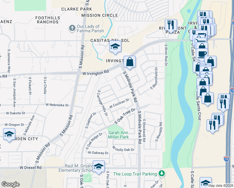 map of restaurants, bars, coffee shops, grocery stores, and more near 5231 South Livingstone Drive in Tucson