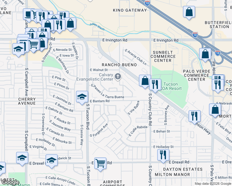 map of restaurants, bars, coffee shops, grocery stores, and more near 5244 South Via Laguna Blanca in Tucson
