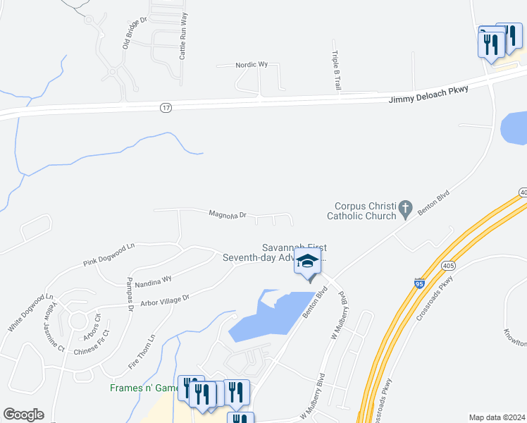 map of restaurants, bars, coffee shops, grocery stores, and more near 156 Magnolia Drive in Pooler