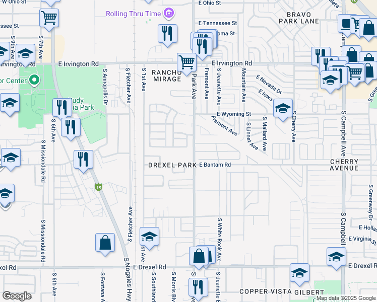 map of restaurants, bars, coffee shops, grocery stores, and more near 954 East Emma Maria Street in Tucson