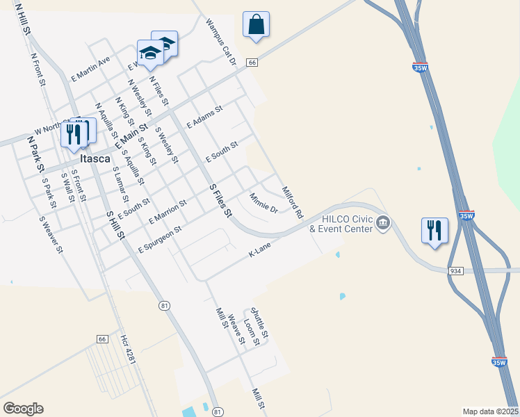 map of restaurants, bars, coffee shops, grocery stores, and more near 106 Minnie Drive in Itasca