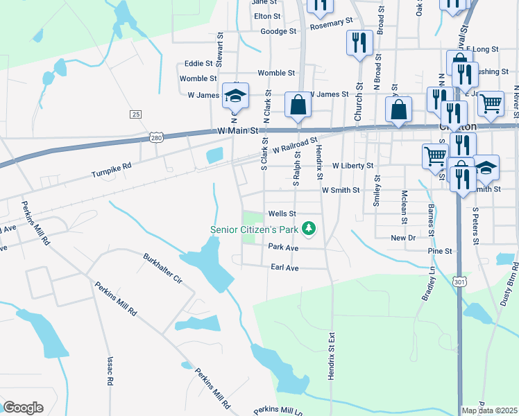 map of restaurants, bars, coffee shops, grocery stores, and more near 203 South Clark Street in Claxton