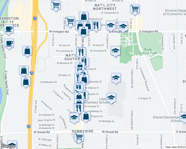 map of restaurants, bars, coffee shops, grocery stores, and more near 5233 South 11th Avenue in Tucson