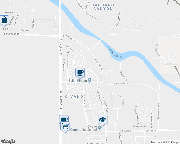 map of restaurants, bars, coffee shops, grocery stores, and more near 5218 South Night Bloom Way in Tucson