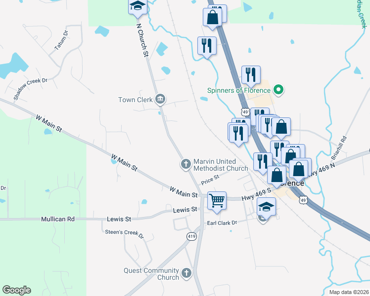 map of restaurants, bars, coffee shops, grocery stores, and more near 222 North Church Street in Florence