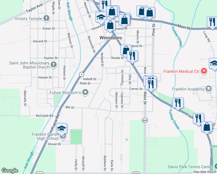 map of restaurants, bars, coffee shops, grocery stores, and more near 800-810 Carver Street in Winnsboro