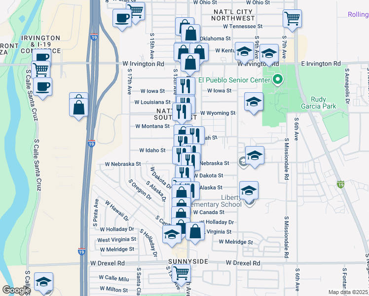 map of restaurants, bars, coffee shops, grocery stores, and more near 5226 South 12th Avenue in Tucson