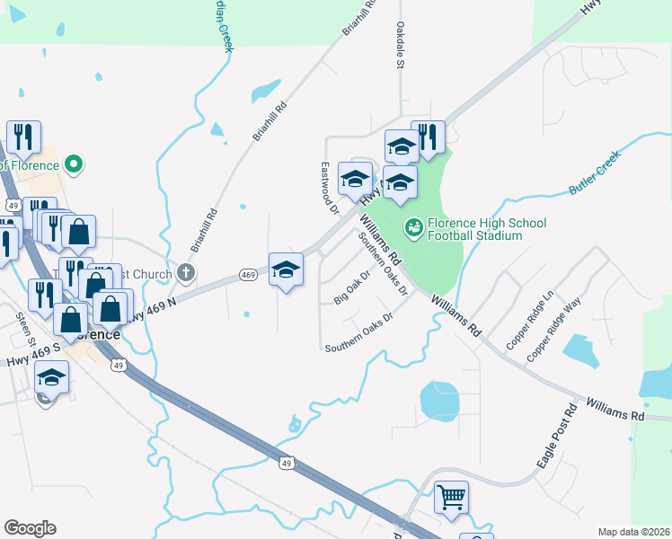 map of restaurants, bars, coffee shops, grocery stores, and more near 205 Shady Pecan Drive in Florence