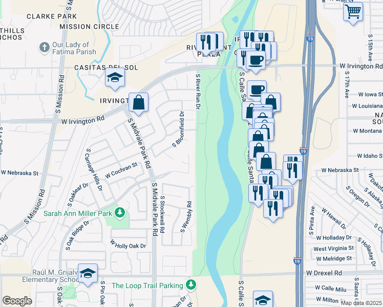 map of restaurants, bars, coffee shops, grocery stores, and more near 5227 South Newcastle Court in Tucson