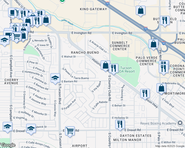 map of restaurants, bars, coffee shops, grocery stores, and more near 5248 South Camino Laguna Seca in Tucson