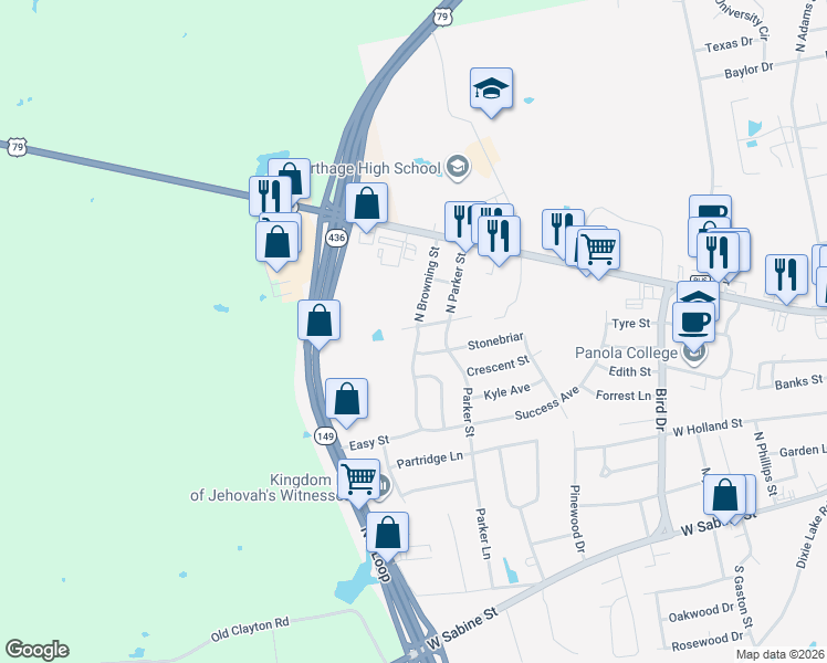 map of restaurants, bars, coffee shops, grocery stores, and more near 1310 Lee Street in Carthage