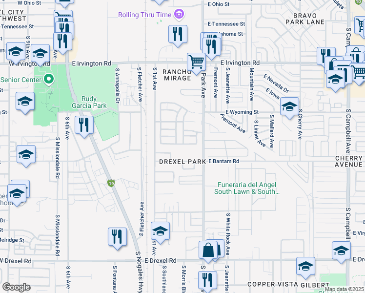 map of restaurants, bars, coffee shops, grocery stores, and more near 874 East Emma Maria Street in Tucson