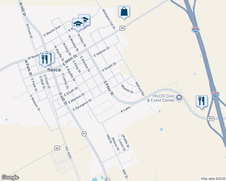 map of restaurants, bars, coffee shops, grocery stores, and more near 601 South Files Street in Itasca