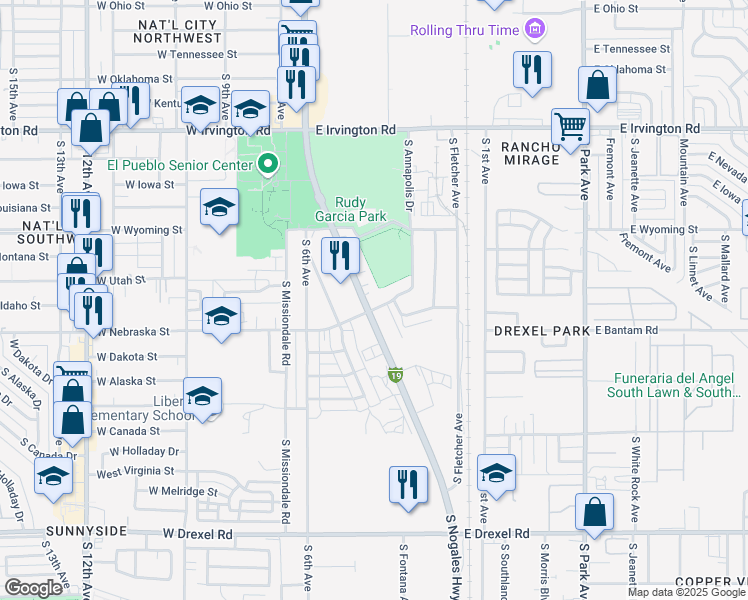 map of restaurants, bars, coffee shops, grocery stores, and more near 201 East Olive Street in Tucson