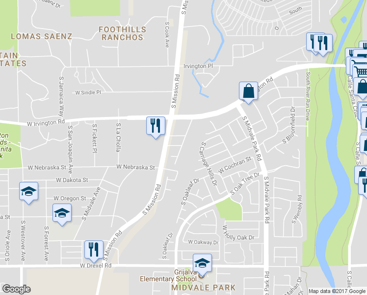 map of restaurants, bars, coffee shops, grocery stores, and more near 5217 South Fox Trot Drive in Tucson