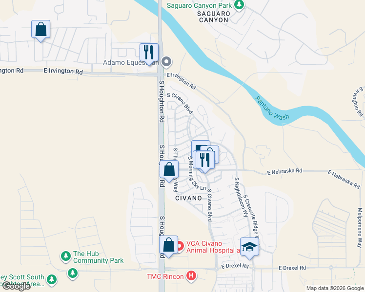 map of restaurants, bars, coffee shops, grocery stores, and more near 10401 East Wayne Moody Lane in Tucson