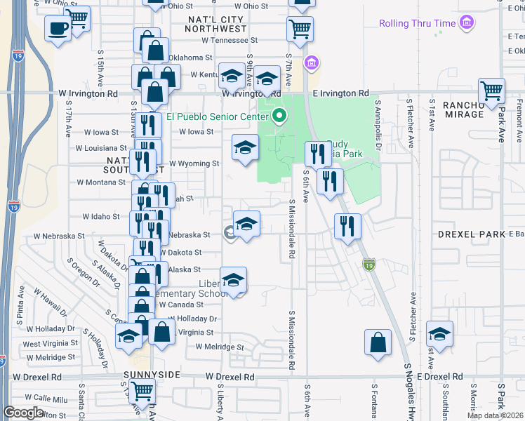 map of restaurants, bars, coffee shops, grocery stores, and more near 5239 South 9th Avenue in Tucson