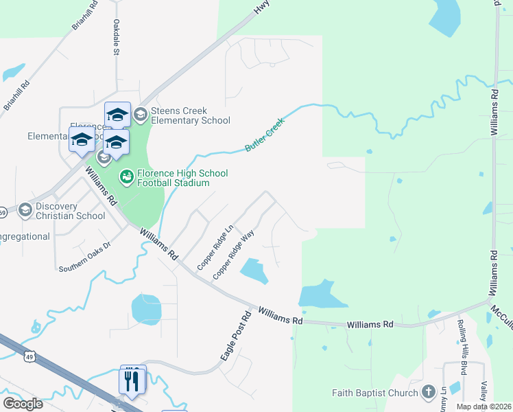 map of restaurants, bars, coffee shops, grocery stores, and more near 235 Copper Ridge Way in Florence