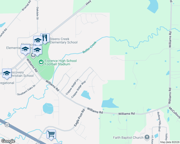 map of restaurants, bars, coffee shops, grocery stores, and more near 235 Copper Ridge Way in Florence