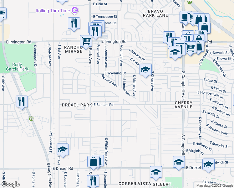 map of restaurants, bars, coffee shops, grocery stores, and more near 5255 South Park Avenue in Tucson
