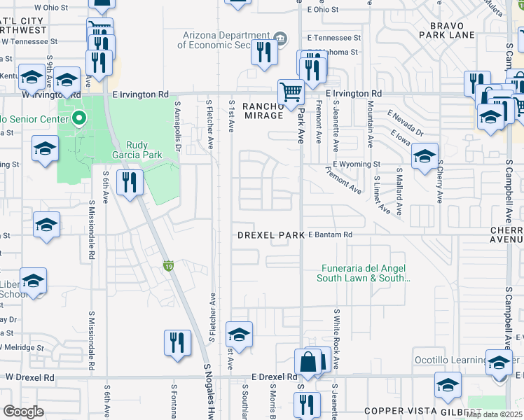 map of restaurants, bars, coffee shops, grocery stores, and more near East Emma Maria Street in Tucson