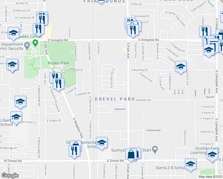 map of restaurants, bars, coffee shops, grocery stores, and more near East Emma Maria Street in Tucson