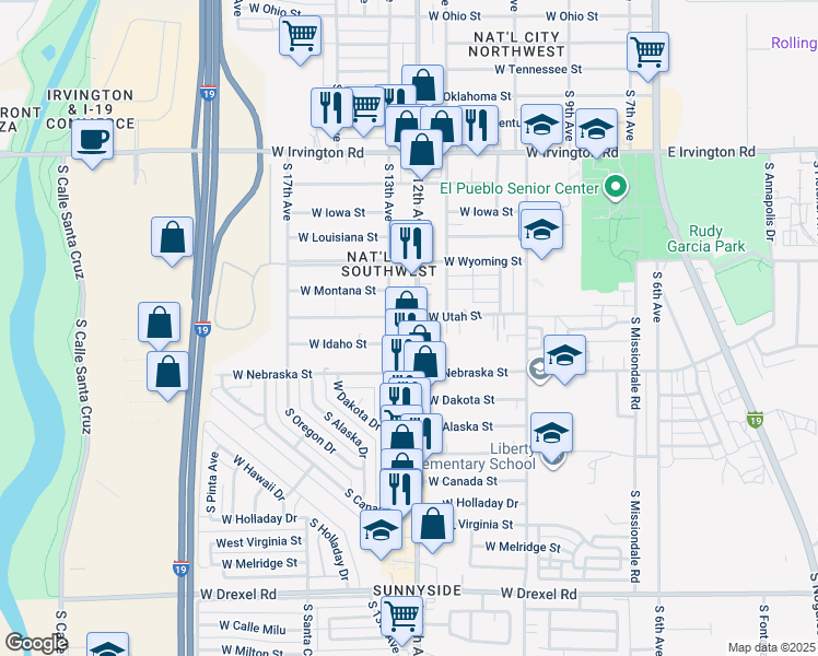 map of restaurants, bars, coffee shops, grocery stores, and more near 5226 South 12th Avenue in Tucson