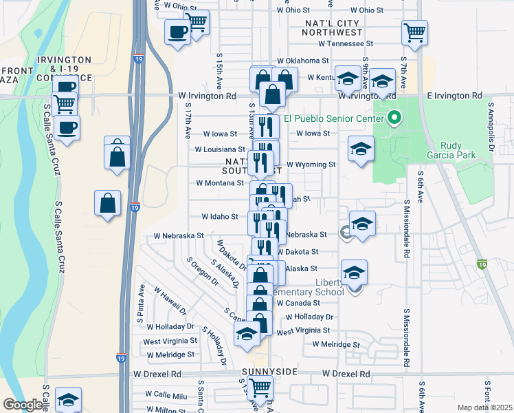 map of restaurants, bars, coffee shops, grocery stores, and more near 5211 South 13th Avenue in Tucson