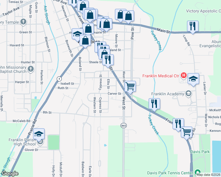 map of restaurants, bars, coffee shops, grocery stores, and more near 501-599 Carver Street in Winnsboro