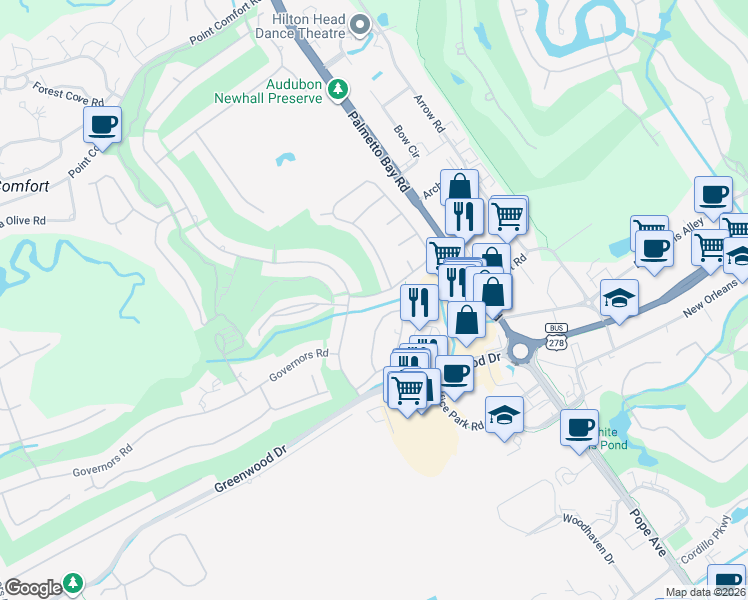 map of restaurants, bars, coffee shops, grocery stores, and more near 8 Otter Road in Hilton Head Island