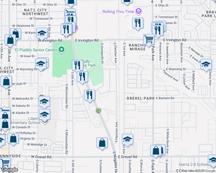 map of restaurants, bars, coffee shops, grocery stores, and more near 5226 South Hampton Roads Drive in Tucson