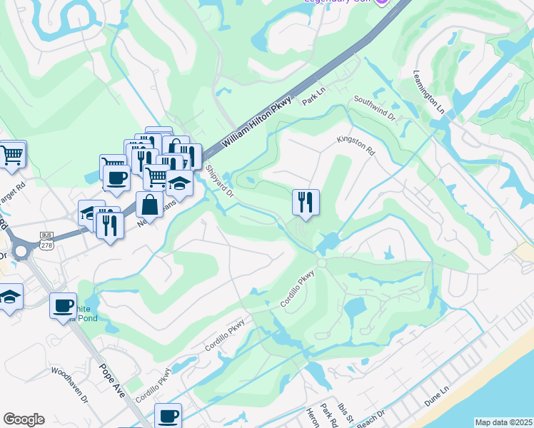 map of restaurants, bars, coffee shops, grocery stores, and more near 2 Bridgeport Lane in Hilton Head Island