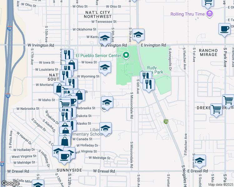 map of restaurants, bars, coffee shops, grocery stores, and more near 5239 South 9th Avenue in Tucson