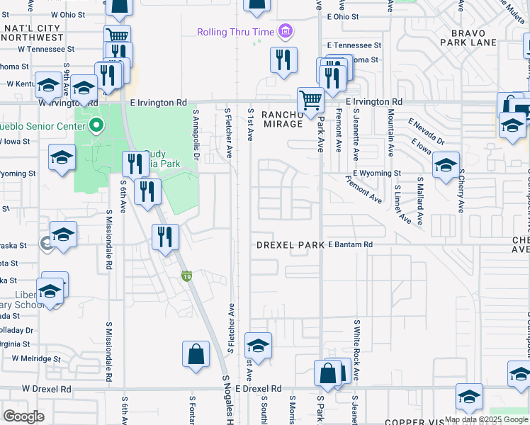 map of restaurants, bars, coffee shops, grocery stores, and more near 764 East Omaet Drive in Tucson