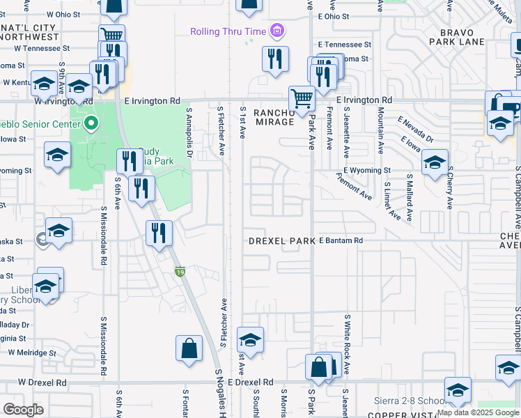 map of restaurants, bars, coffee shops, grocery stores, and more near 782 East Omaet Drive in Tucson