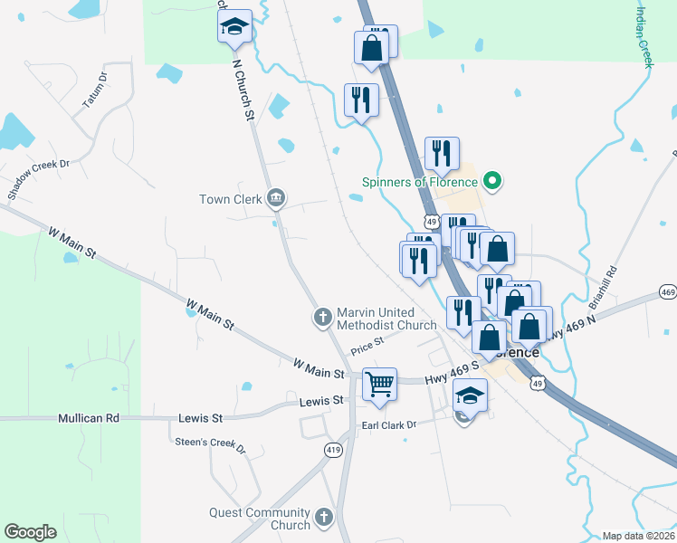 map of restaurants, bars, coffee shops, grocery stores, and more near 222 North Church Street in Florence