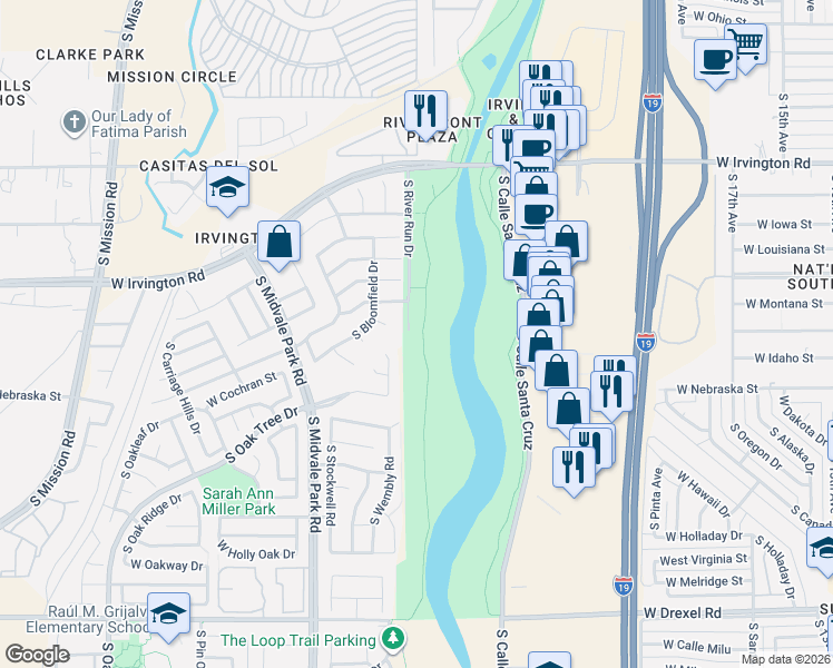 map of restaurants, bars, coffee shops, grocery stores, and more near 5227 South Newcastle Court in Tucson